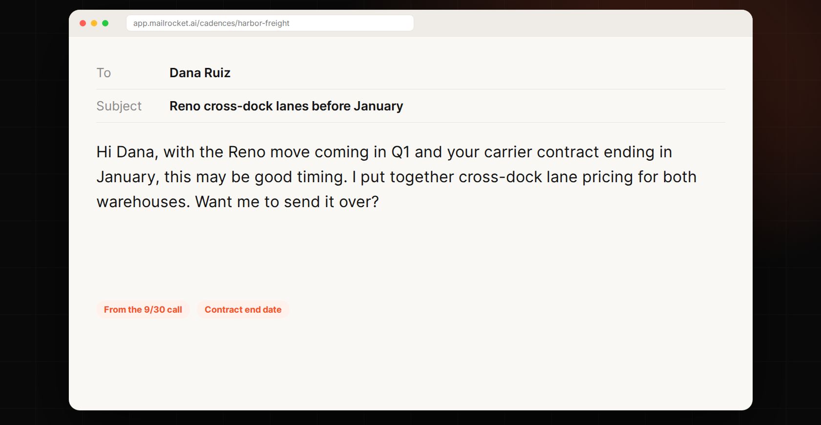 MailRocket.ai: A first line only your notes could write (sample data)