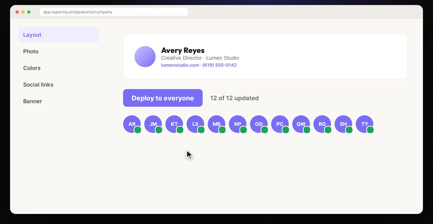 SuperSig.ai: One signature. Everyone’s Gmail (sample data)