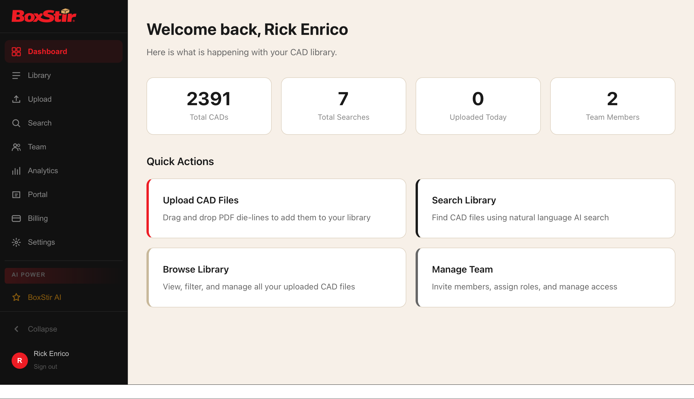BoxStir Dashboard - CAD Library Overview