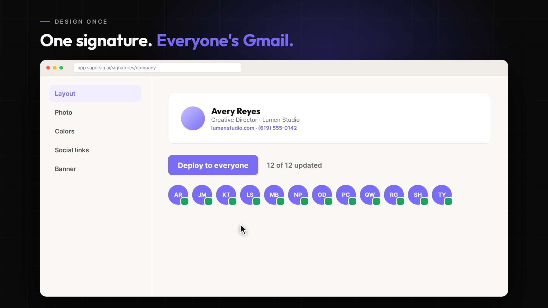 SuperSig.ai product screen (sample data)